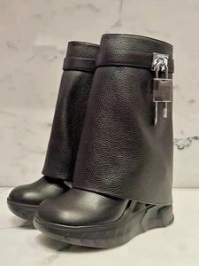 Women Wedge Ankle <b>Boots</b> Black Turn Over High Heel Round Toe Short Female Shark Lock Causal Increasing Height Shoes - Product Image 6