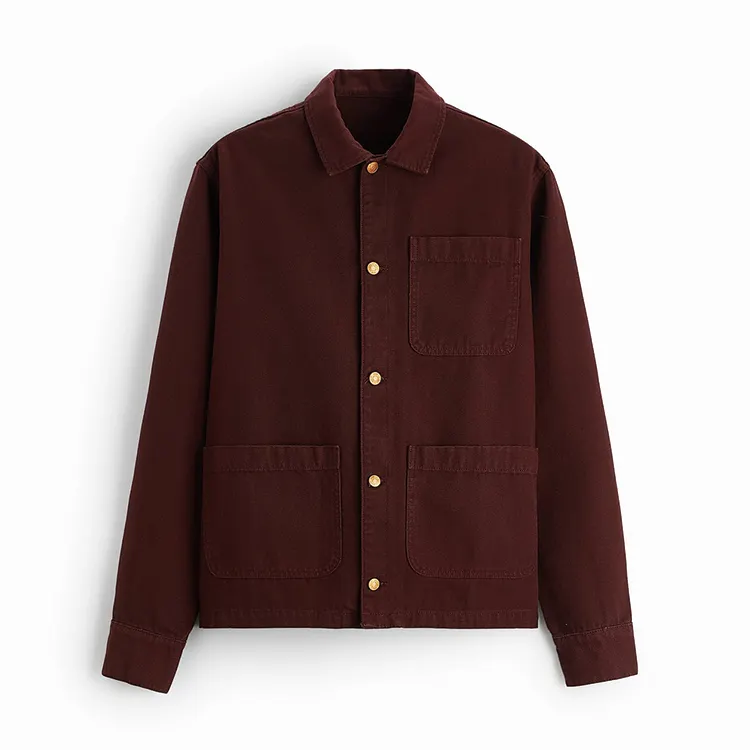 Relaxed fit collared overshirt long sleeves with buttoned cuffs and patch chest pocket textured cotton canvas work shirt men
