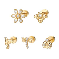 Boucles d'oreilles clous Glowluxe en argent sterling 925 plaqué or avec zircone cubique, motifs floraux, abeille, papillon, libellule, oiseau, coccinelle – Tendance