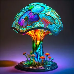 Colorful Stained Plant Table Lamps Vintage Stained Resin Mushroom Table Lamp Bedroom Bedside Decorative Night Light