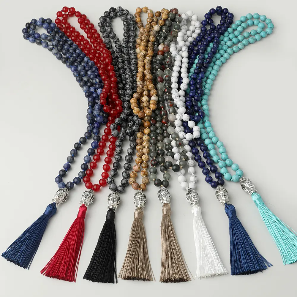 108 perle di pietra naturale annodate Mala collana testa di Buddha rosario nappa maglione Yoga guarigione collana di perline di cristallo