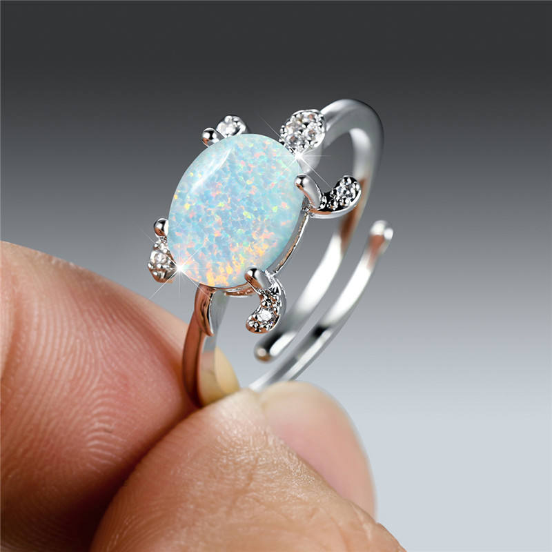Rainbow Fire Opal Sea Turtle Ring Multicolor Zircon Oval Stone Open  Adjustable Ring Classic Silver Color Wedding Rings for Women
