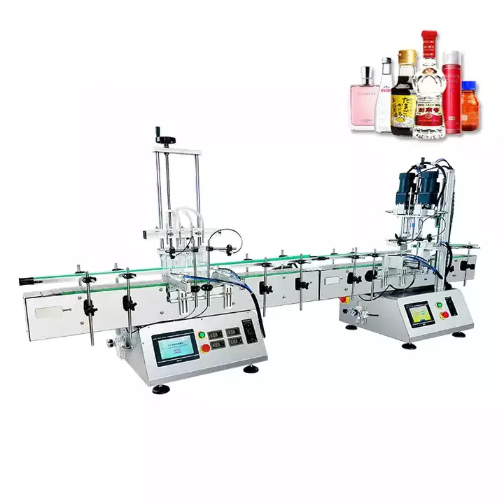 Four heads Olive Oil Drink Perfume Liquid Bottle Desktop Automatic Filling and Capping Labeling Machine Production Line