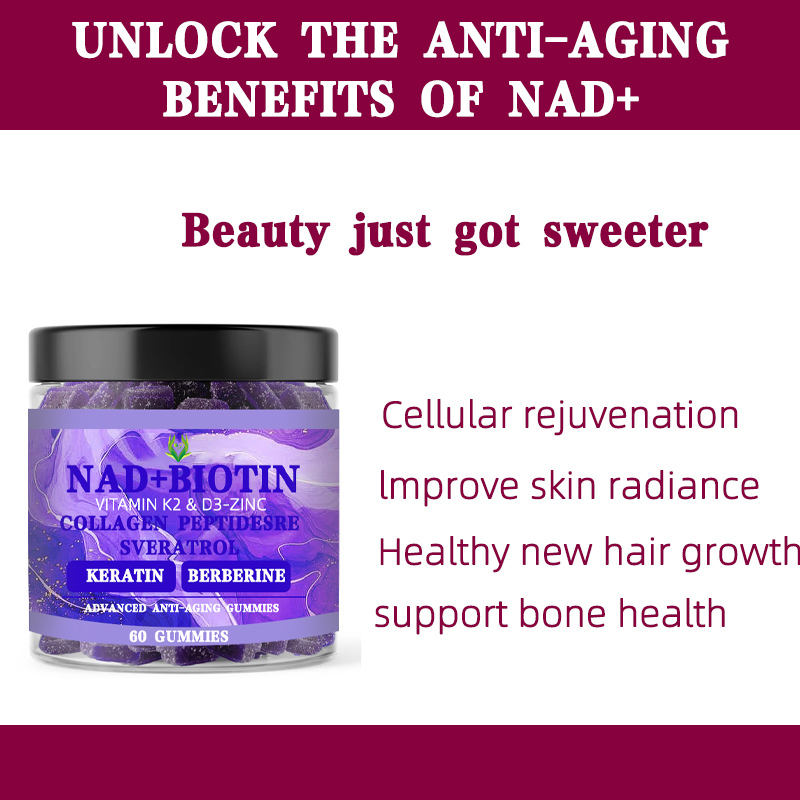 NAD+ Biotin Gummies with Vitamin K2 D3 Zinc Collagen Peptides Resveratrol Enhance Hair Skin Nails Cellular Vitality