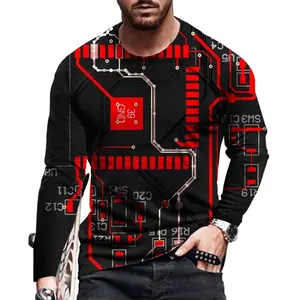 Casual Men&#39;s Long Sleeve Shirt 2022 New Chip Cool Tech Printing Vintage Woven 3d T-shirt Printed Shirts round neck