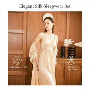 Nouvel ensemble de pyjama deux pièces haut de gamme pour femme, sexy, avec bretelles, taille élastique, doux, respirant, en dentelle ajourée, 100 % soie - Product Image 1