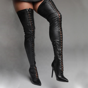 Large Size 47 Hollow Out Skintight <b>High</b> Heel PU Upper Women Over <b>Knee</b> <b>High</b> Boot Side Zip Pointed Toe Thigh <b>High</b> for Women - Product Image 4