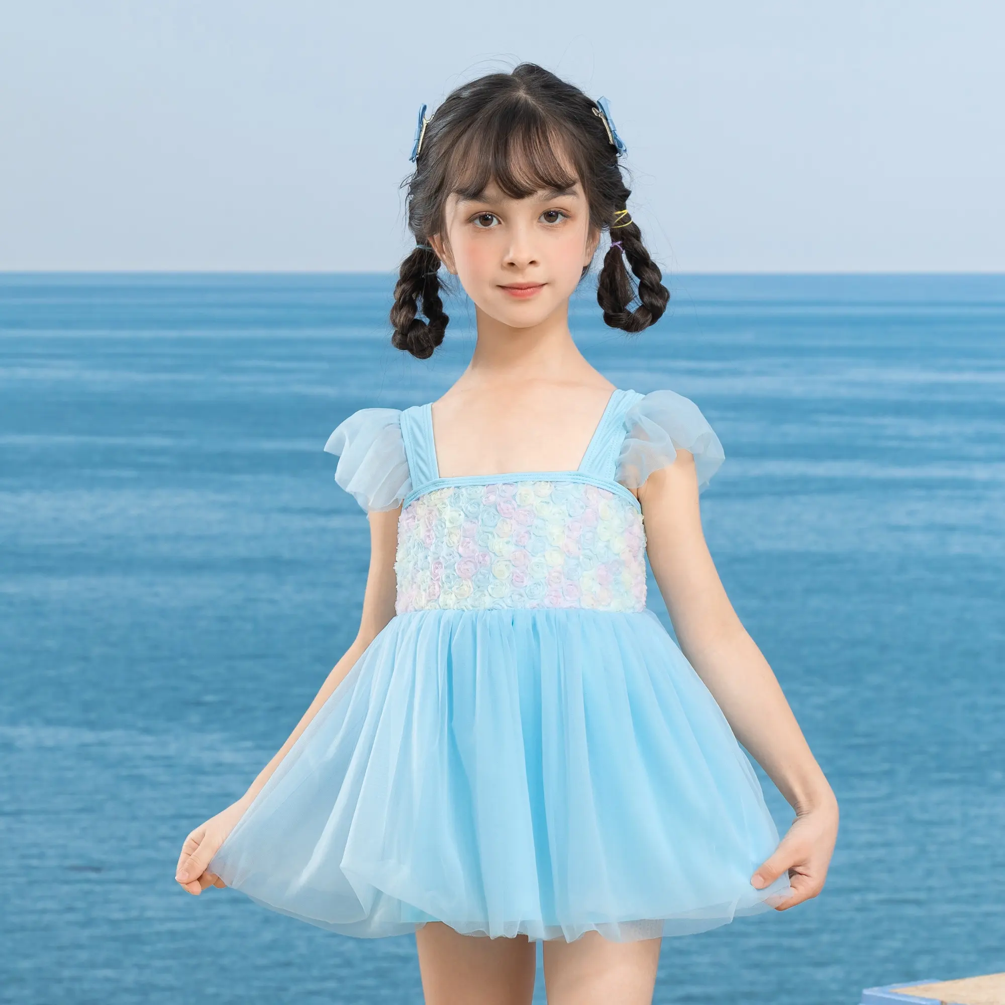Çiçek çocuklar mayo elbise kızlar için etek ile 2024 bebek yürüyor yaz mayo beachwear ruffles tek parça OEM özel