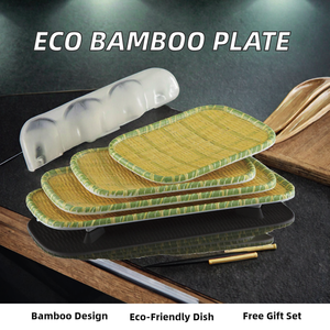 Assiette à salade rectangulaire écologique avec motif bambou, ensemble d'assiettes en plastique de 8 pouces, style oriental, pour cadeaux - Product Image 2