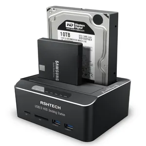 RSHTECH HDD Docking Station With SD/TF Card Reader 20TB USB 3.0 For 2.5'' And 3.5'' SATA SSD/HDD Hard Drive Case Enclosure