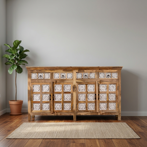 Traditional Handmade Solid Mango Wood Sideboard Vintage Style Hand Carved Living Room <b>Cabinet</b> <b>with</b> 4 <b>Drawers</b> and 2 Compartments - Product Image 2