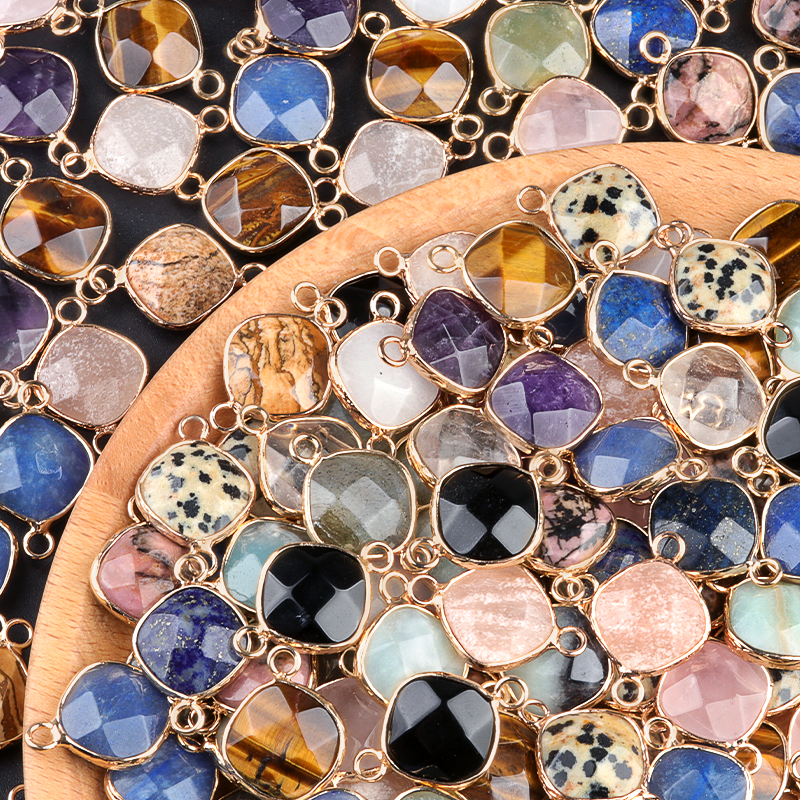 Natural Crystal Agate Obsidian Stone square Cut Double Loop Connector for Accessory Charm Pendant DIY Jewelry Making Components