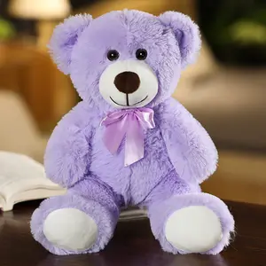 Free sample 35 cm valentines day teddy bear gift with custom logo ribbon pink white blue brown stuffed plush teddy bear purple