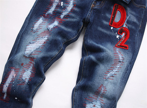 <span class=keywords><strong>Jeans</strong></span> Slim da Uomo a Vita Media Blu Strappati con Patch Ricamate Stile Gotico Vintage Hip Hop con Motivi Leopardati e Rivetti a Diamante per l'Inverno - Product Image 4
