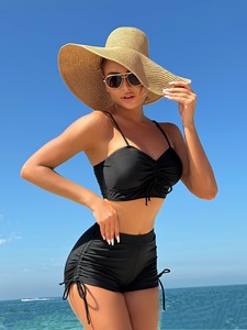 European American New Style Solid Color Two-Piece <b>Conservative</b> Boxer Briefs Mid-Length Pants Side Bikinis Beachwear - Product Image 1