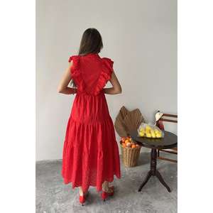 Robe mi-longue rouge à volants, taille naturelle, tissu respirant, pour femme - Product Image 1