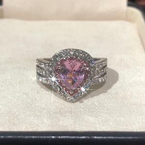 Bague en pierre rose en forme de goutte d'eau pour femmes, bijoux de doigt à trois couches, cadeau à la mode - Product Image 2