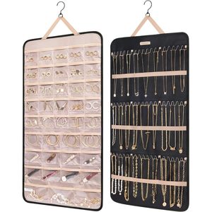 Organizador de joyas colgante, rollo de almacenamiento de doble cara con colgador para pendientes, collares, pulseras, anillos, relojes - Product Image 1