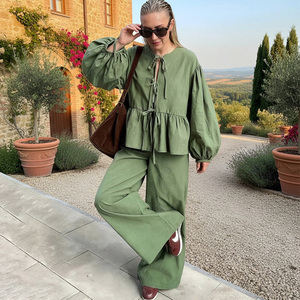 Women's Green <b>Linen</b> 2-Piece Set Long Sleeve O-Neck <b>Top</b> With Ruffles Loose Fit Wide Leg Pants Casual Spring Summer Outfit - Product Image 1