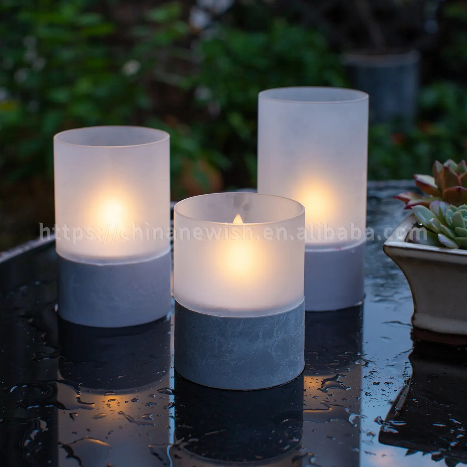 Kanlong waterproof indoor and outdoor use IP44 glass tube plastic cement base bullet battery led candles