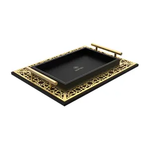 New Hot Sales Wooden Tray Painting Engraved Gold Foil Serving Tray With Round Metal Handles