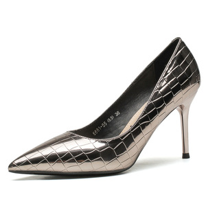 6681-55 Zapatos de Tacón Alto Estilo Coreano, Punta Puntiaguda, Tacón de Aguja, Charol a Cuadros Plateado, Zapatos de Tacón Alto para Mujer, Tendencia de Moda - Product Image 5