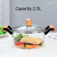 Casserole en verre borosilicate transparent durable, compatible avec les plaques à induction, résistante aux chocs, avec double poignée en bois, pour soupes et bouillons