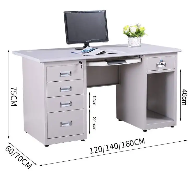 Koleksi meja kantor baja MDF komersial, meja komputer berdiri dengan laci dan kunci
