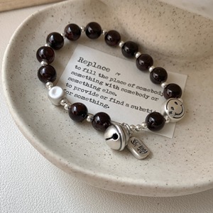 S925 Sterling Silver Garnet Smiley Face Bell <b>Bracelet</b> Elastic <b>Rope</b> Unisex Jewelry Gift - Product Image 2
