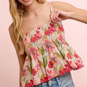 कस्टम थोक महिला पुष्प प्रिंट स्मॉक टैंक शीर्ष बोहो ग्रीष्मकालीन स्पेगेटी स्ट्रैप पेपलम शीर्ष - Product Image 6