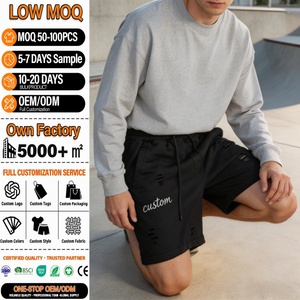 Men's Custom Embroidery Cotton <b>Sweat</b> <b>Shorts</b> Distressed Ripped Drawstring Casual <b>Short</b> <b>Pants</b> Solid Color Mid Waist - Product Image 1