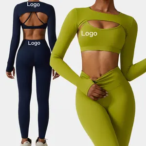Özel Logo yeni düz renk Activewear giyim seksi Yoga kıyafetleri 3 parça spor takımı egzersiz spor giyim