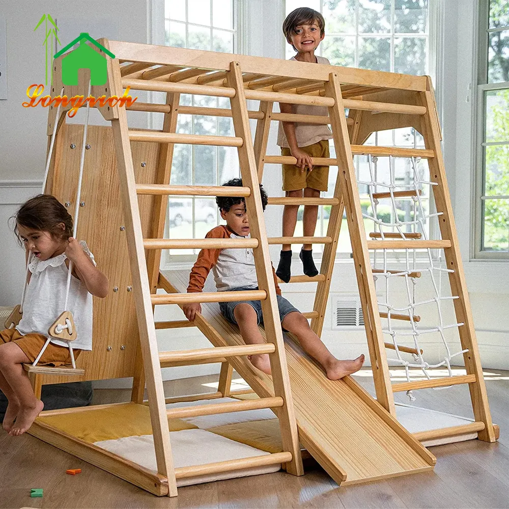 Escalador de actividades para niños pequeños, tobogán de marco de escalada de madera para interiores y exteriores con rampa y columpio, escalera de cuerda para escalar