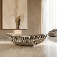 Banc Sculptural Moderne en Acier Inoxydable Plié, Effet Vague Argentée, avec Miroir en Croissant, Personnalisable, pour Projets de Hall d'Hôtel, Commande en Gros