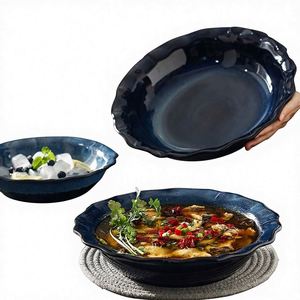 Tazón de Cerámica con Esmalte Creativo, Apto para Microondas, Diseño Minimalista Japonés, Borde Acanalado, de 14 Pulgadas, para Pescado Cocido, Ensalada de Verduras - Product Image 1