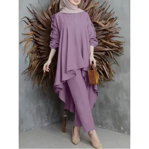JM66-60 Muslim wanita blus celana setelan modis kasual wanita elegan kasual pakaian Islami set disesuaikan logo
