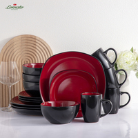Service de table en céramique rouge et noir de 16 pièces, 4 assiettes et bols en porcelaine résistante aux hautes températures, écologiques, sans BPA, compatibles micro-ondes