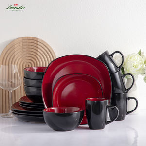 Service de table en céramique rouge et noir de 16 pièces pour 4 personnes, vaisselle en porcelaine cuite à haute température, assiettes carrées, bols, tasses, couleur luxueuse - Product Image 4