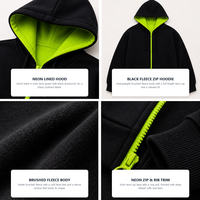 Sweat-shirt à capuche zippé pour homme, doublure vert fluo contrastant, style streetwear décontracté, manches longues, avec poche kangourou