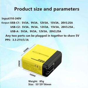 US <b>Plug</b> 65W Foldable GaN Charger Multi Functional Dual USB <b>C</b> Travel <b>Adapter</b> QC3.0 2C+A Charging Block - Product Image 6