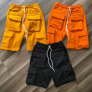 Huilin Manufacturer Oem Heavyweight 100% Cotton Sweat Shorts Men Solid Color Multi Pockets Utility Cargo Shorts