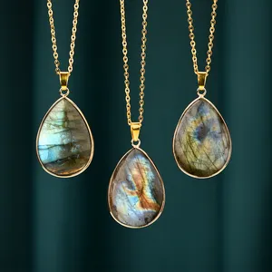 18k Gold Chain Blue Flash Labradorite Pendant Top Quality Labradorite Drop Necklace For Women