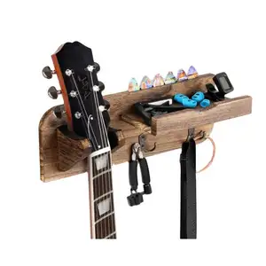 ギターホルダー壁掛けギターブラケット木製ハンギングラック省スペースギターハンガー、ピックホルダーとディスプレイ用3フック付き
