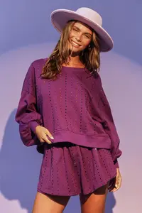 Loveda Custom Private Label Stylish Clothing Polyester Purple Long Sleeve Solid Color Women Shorts Sets With Rhinestone