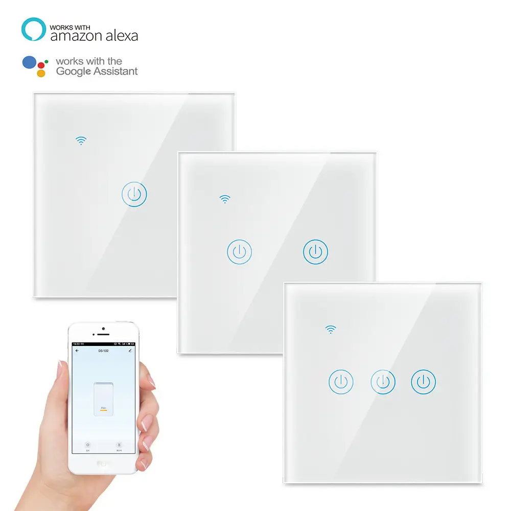 Tuya App Wireless Voice Remote Control Universal No Neutral Wire 3 Gang Touch Glass WiFi Smart Wall Switches For Light