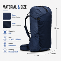 Sac à dos de randonnée léger multi-compartiments en nylon Ripstop 45L avec fermeture Roll Top