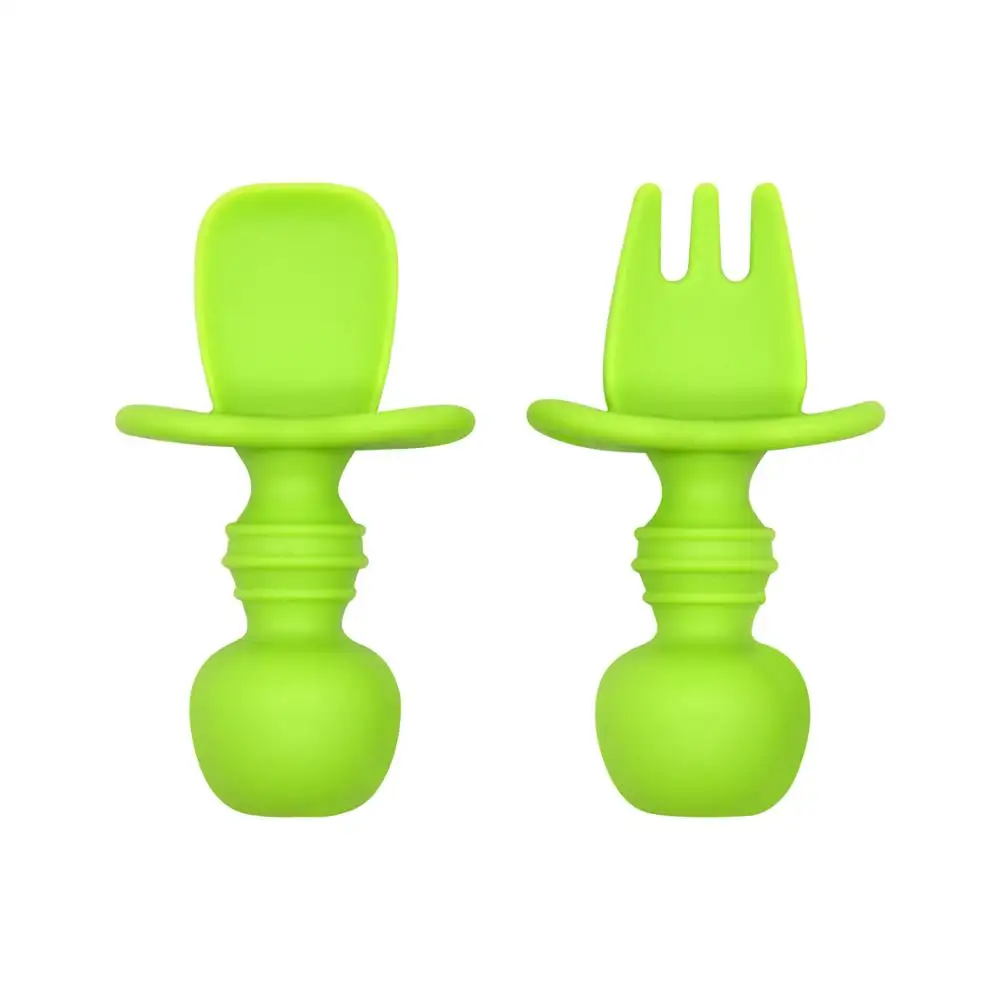 Custom BPA Free Feeding Training Utensils Food Grade Soft Silicone Infant Spoon Fork Baby Spoon and Fork set for Toddlers
