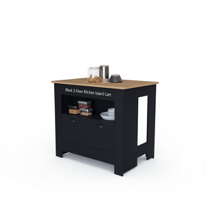 Black 2-Door <b>Kitchen</b> Island Cart With Wood Top And Storage <b>Shelves</b> Modern Design <b>For</b> <b>Kitchen</b> Use - Product Image 1