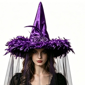 Nuovo Cappello da Strega di Halloween con Decorazione in Piume, Bicolore Nero e Viola, Accessorio per Trucco e Cosplay - Product Image 6