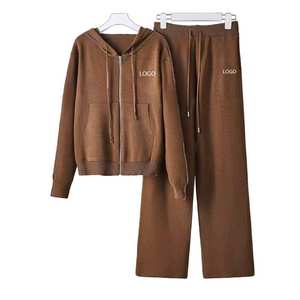 2 Piece <b>Hoodies</b> Set Women <b>Long</b> Sleeve Knit Sweater Zip Up <b>Cardigan</b> Loose Pant Pockets Lady Sport Set OEM ODM Logo Color - Product Image 4